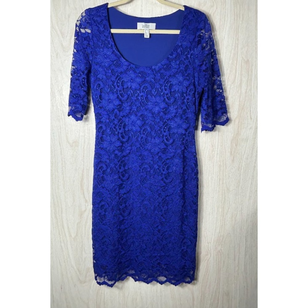 Belle Badgley Mischka Katia Dress Womens 12 Blue Lace Sheath Cocktail Party - Picture 2 of 11